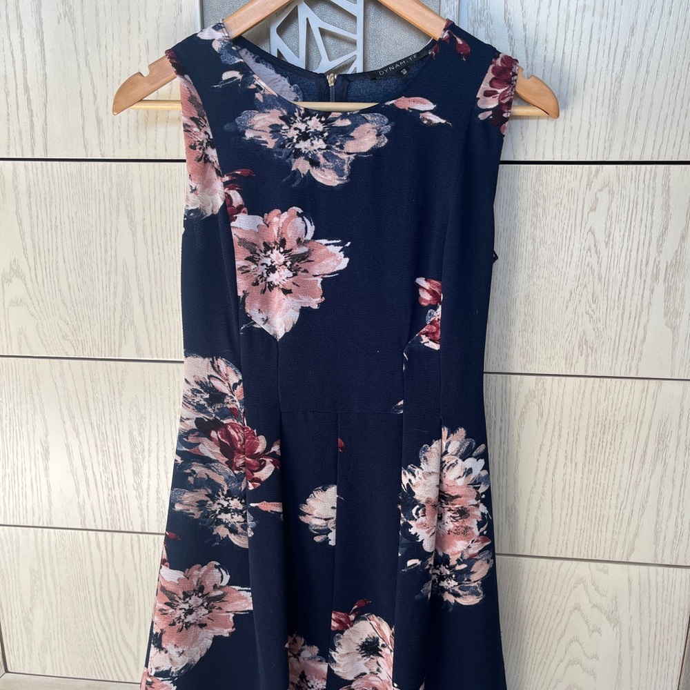 Dynamite Blue and Pink A-Line Midi Dress Crew Neck Sleeveless